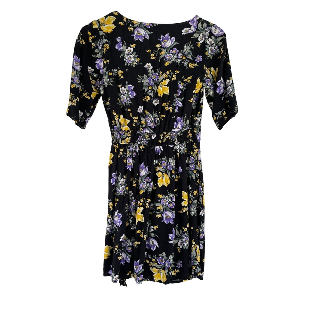 Abercrombie & Fitch Black Floral Wrap Mini Dress Purple Yellow Flowers XS - Picture 4 of 6